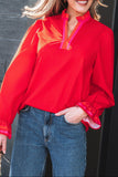 Fiery Red Striped Trim Ruffle Split Neck Long Sleeve Blouse