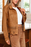 Thai Curry Solid Color Faux Suede Hollowed Detail Retro Style Jacket