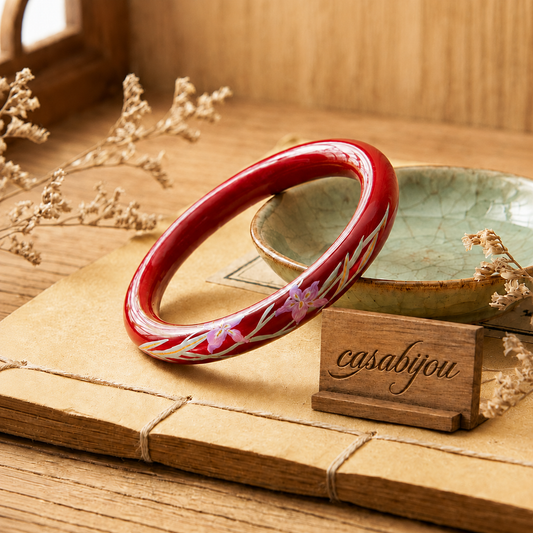 Vermilion Red Orchid Hand-Painted Artisan Lacquer Bangle