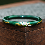 Emerald Gold Gilded Lotus Artisan Lacquer Round Bangle