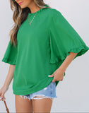 Green Frilly Round Neck Wide Half Sleeve Blouse