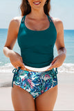 Sea Green Drawstring Tummy Control Mix-and-match 2pcs Tankini Swimsuit
