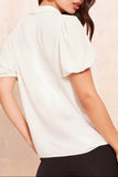 White Bow Tie V Neck Puff Sleeve Blouse