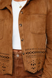 Thai Curry Solid Color Faux Suede Hollowed Detail Retro Style Jacket