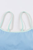 Beau Blue Stylish Ribbed Contrast Trim Spaghetti Straps 2pcs Bikini Swimsuit