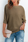 Coffee Round Neck Half Sleeve Ribbed Knit Top