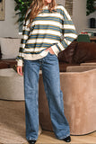 Khaki Stripe Crew Neck Drop Shoulder Pullover Sweatshirt
