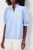 Sky Blue Stripe Ruffled Collar Puff Sleeve Half Buttons Blouse