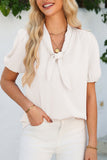 White Bow Tie V Neck Puff Sleeve Blouse
