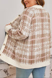 Khaki Vintage Pattern Ribbed Trim Button Front Plus Size Cardigan Sweater