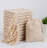 Ramie Linen Soap Pouch with Wooden Bead – Handmade Soap Lather Bag Hanging Mesh Storage Pouch