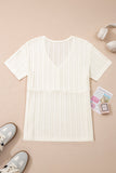 White Solid Color Textured Button V Neck Raw Seam Henley Tee