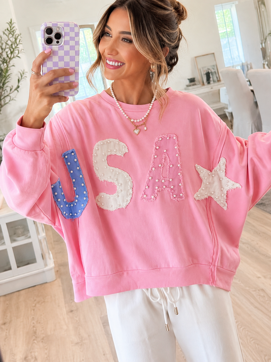 USA Pearl Embellished Patchwork Pink Oversized Sweatshirt