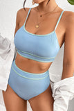 Beau Blue Stylish Ribbed Contrast Trim Spaghetti Straps 2pcs Bikini Swimsuit