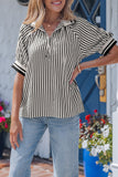 Black Stripe Polo Collar Half Zip Short Puff Sleeve Blouse