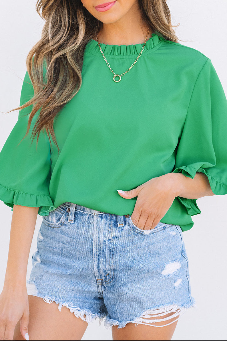 Green Frilly Round Neck Wide Half Sleeve Blouse