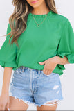 Green Frilly Round Neck Wide Half Sleeve Blouse