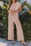 Smoke Gray Solid Corded Knit Short Sleeve T Shirt and Wide Leg Pants Set