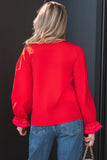Fiery Red Striped Trim Ruffle Split Neck Long Sleeve Blouse