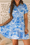 Sky Blue Retro Floral Print Drawstring Waist Ruffled Mini Dress