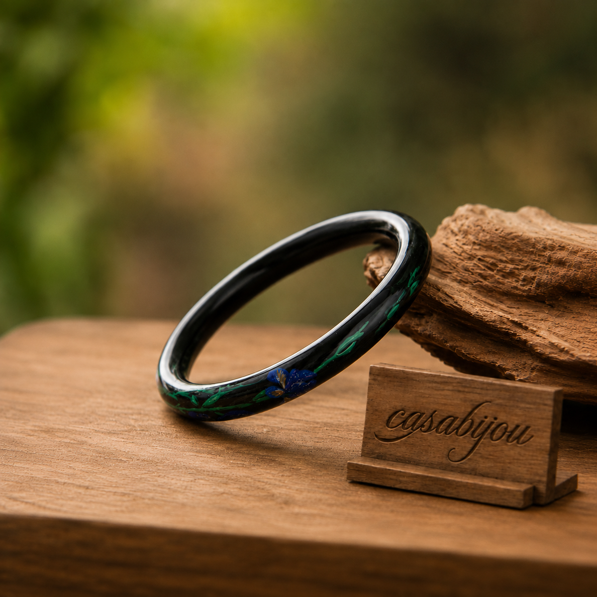 Ink Violet Swallow Floral Hand-Painted Artisan Lacquer Bangle