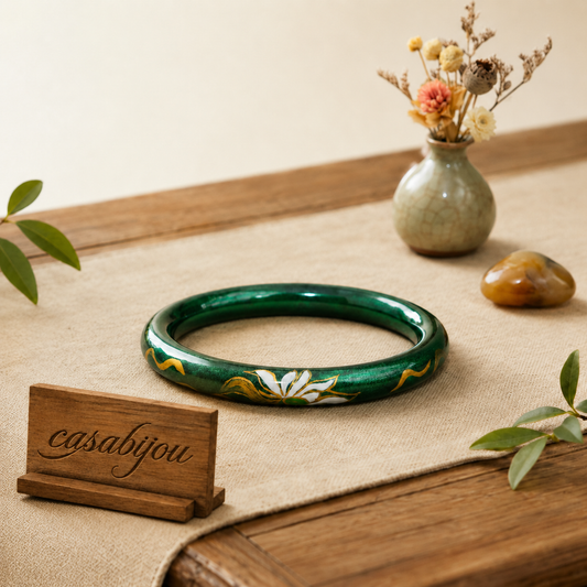 Emerald Gold Gilded Lotus Artisan Lacquer Round Bangle