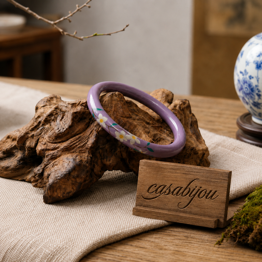 Purple Floral Hand-Painted Artisan Lacquer Solid Wood Core Bangle