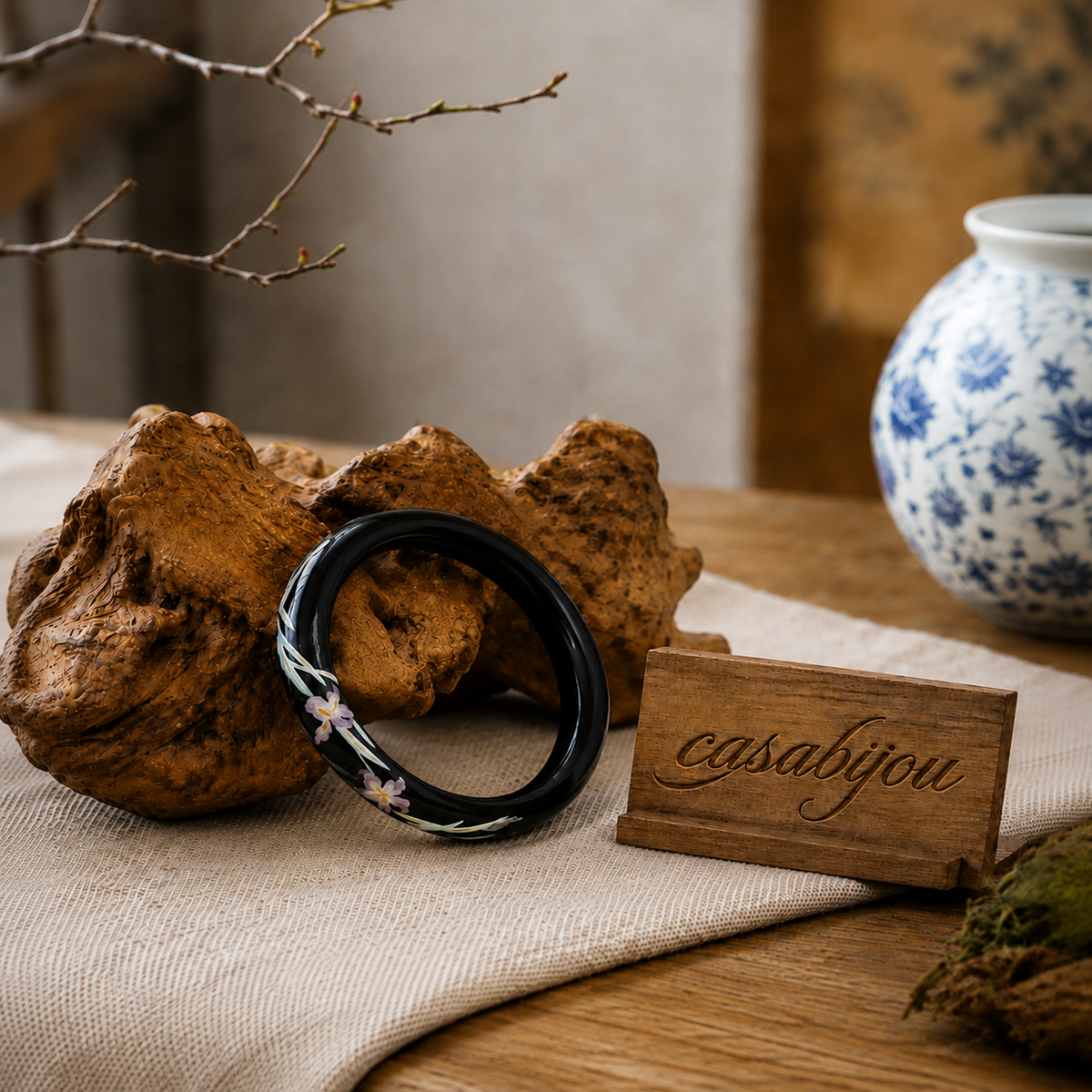 Matte Black Orchid Hand-Painted Artisan Lacquer Bangle