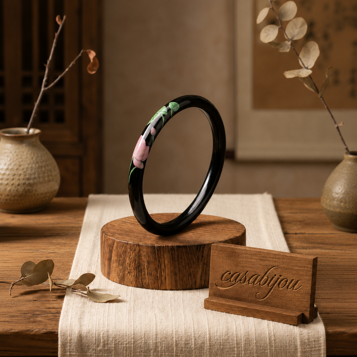 Ebony Lacquer Hand-Painted Lotus on Purpleheart Wood Bangle
