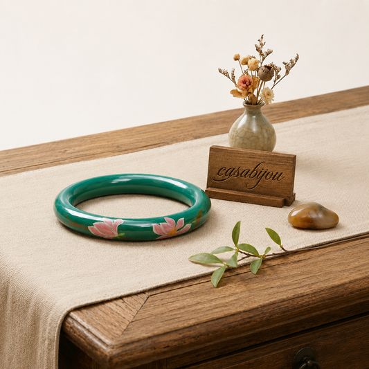 Green Lacquer Hand-Painted Lotus & Pink Bloom Artisan Bangle
