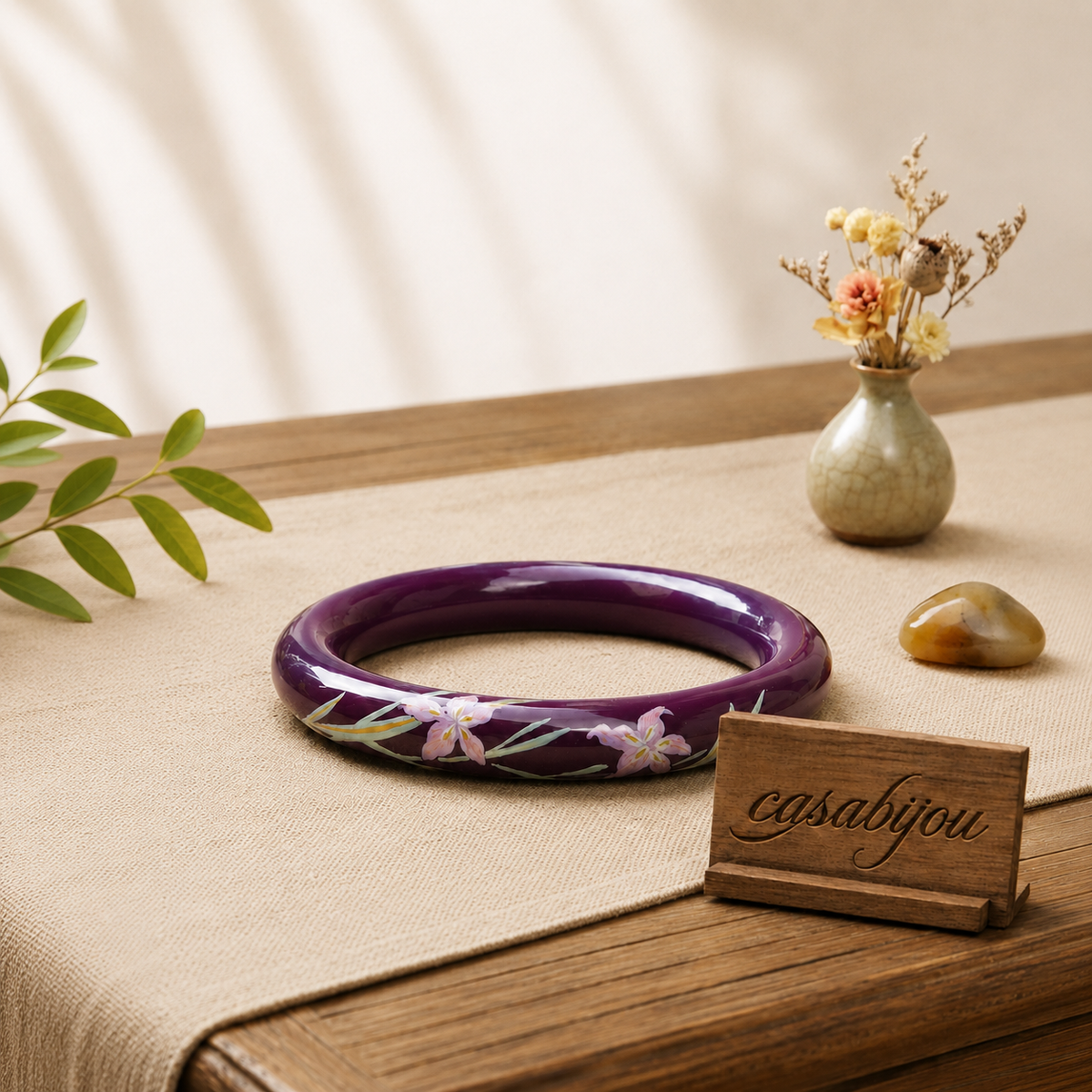 Violet Base Natural Lacquer Orchid Blossom Artisan Bangle
