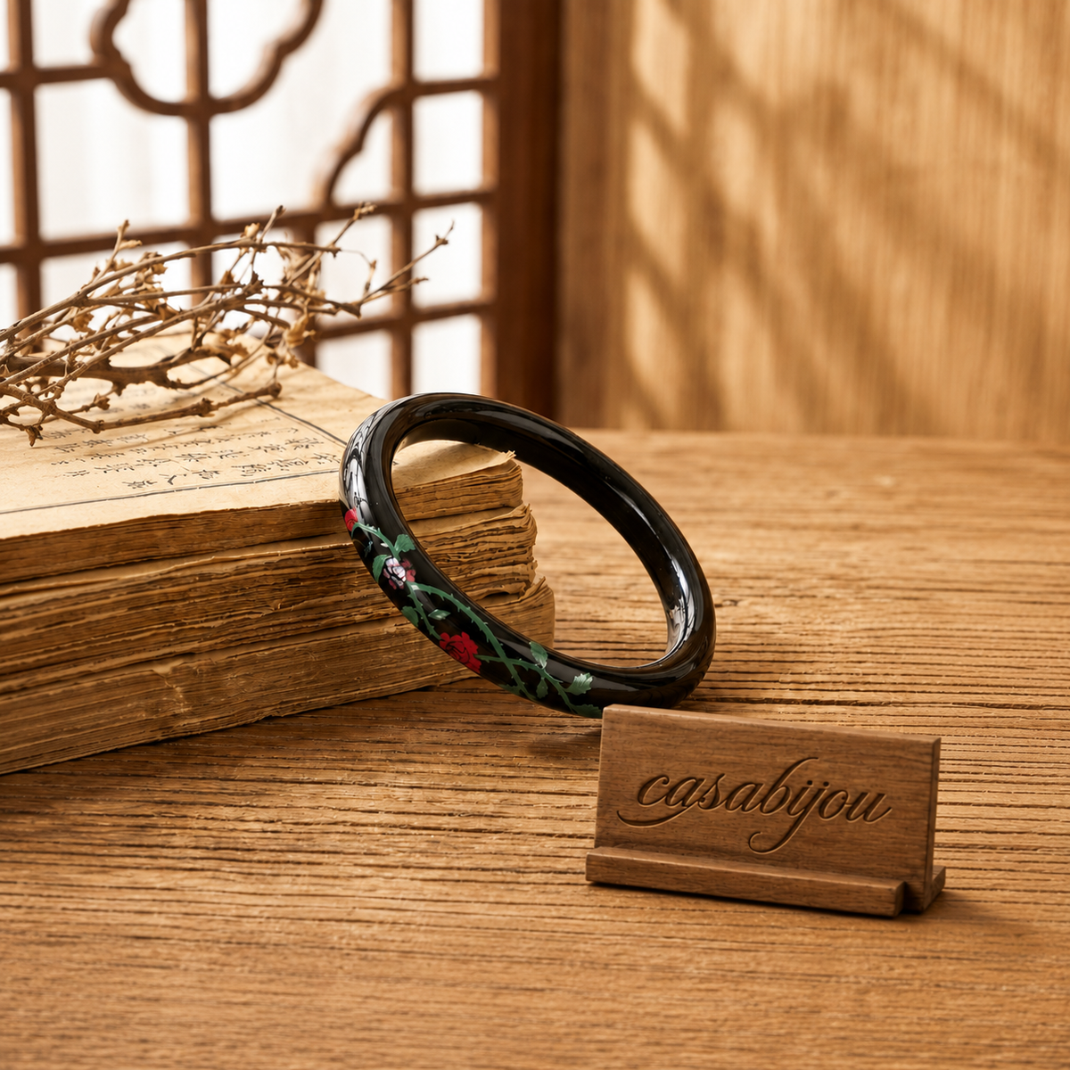 Black Lacquer Mother-of-Pearl Inlaid Rose Statement Bangle