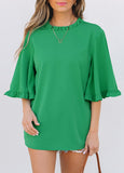 Green Frilly Round Neck Wide Half Sleeve Blouse
