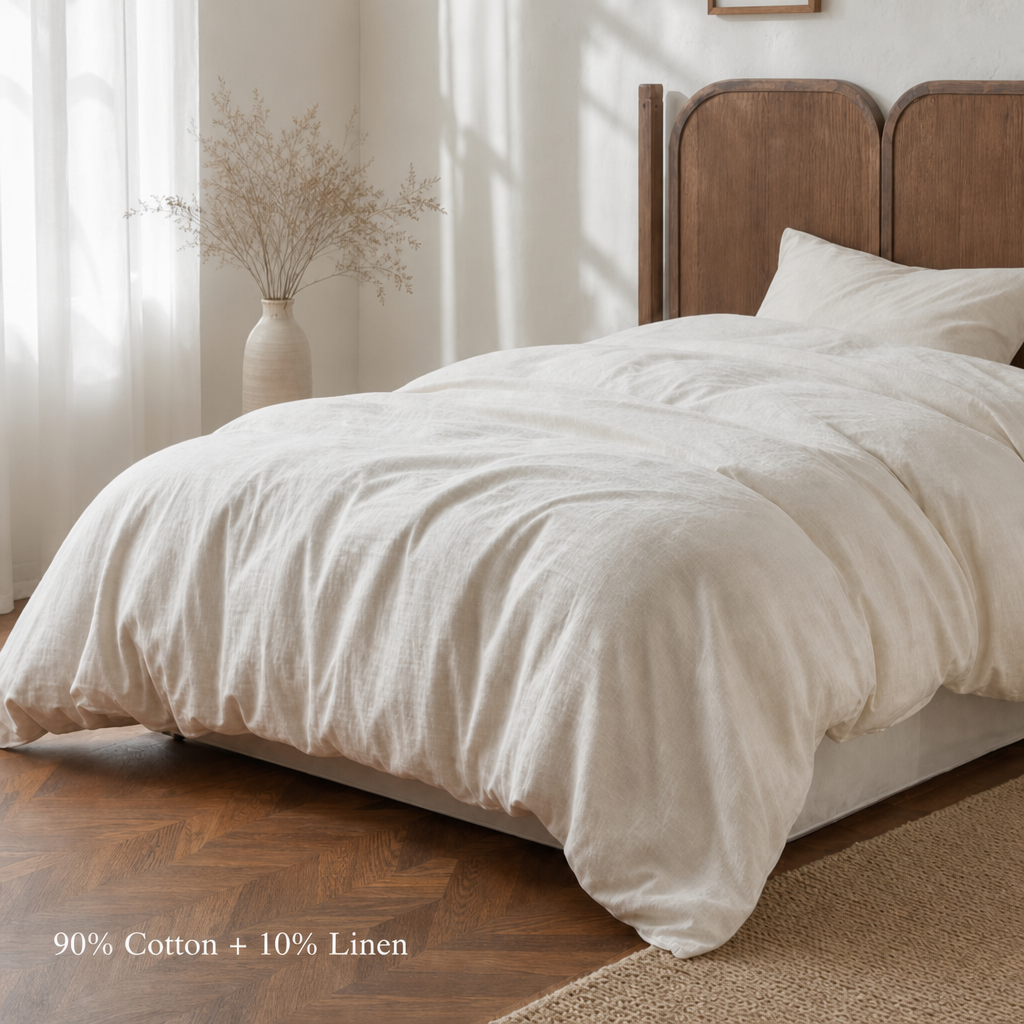 90% Cotton 10% Linen 4-Piece Bedding Set – Soft & Breathable – Fitted Sheet Style