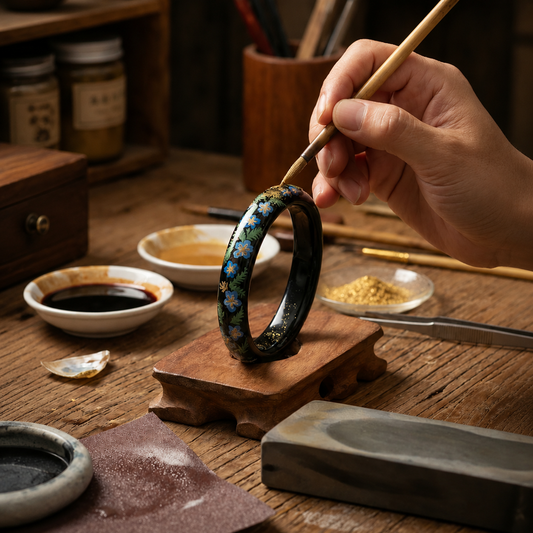 Black Base Blue Veronica Floral Hand-Painted Lacquer Bangle