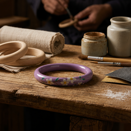 Purple Floral Hand-Painted Artisan Lacquer Solid Wood Core Bangle