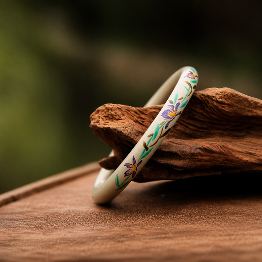 Iris Bloom Hand-Painted Slim Purpleheart Wood Artisan Bangle