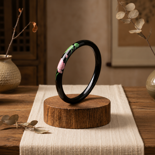 Ebony Lacquer Hand-Painted Lotus on Purpleheart Wood Bangle