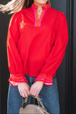 Fiery Red Striped Trim Ruffle Split Neck Long Sleeve Blouse