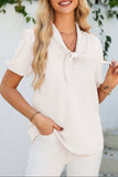 White Bow Tie V Neck Puff Sleeve Blouse