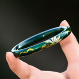 Emerald Gold Gilded Lotus Artisan Lacquer Round Bangle
