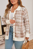 Khaki Vintage Pattern Ribbed Trim Button Front Plus Size Cardigan Sweater