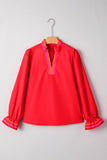 Fiery Red Striped Trim Ruffle Split Neck Long Sleeve Blouse