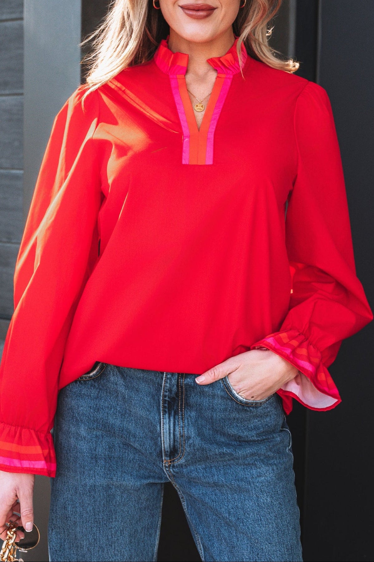 Fiery Red Striped Trim Ruffle Split Neck Long Sleeve Blouse