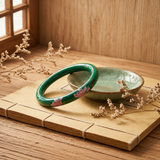 Green Lacquer Hand-Painted Lotus & Pink Bloom Artisan Bangle