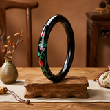 Black Lacquer Mother-of-Pearl Inlaid Rose Statement Bangle