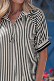 Black Stripe Polo Collar Half Zip Short Puff Sleeve Blouse