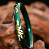 Emerald Gold Gilded Lotus Artisan Lacquer Round Bangle