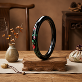 Black Lacquer Mother-of-Pearl Inlaid Rose Statement Bangle