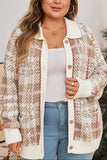Khaki Vintage Pattern Ribbed Trim Button Front Plus Size Cardigan Sweater